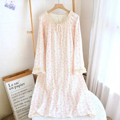 Spring and Summer Long Sleeve Round Neck Lace Sweet Long Dress Women&