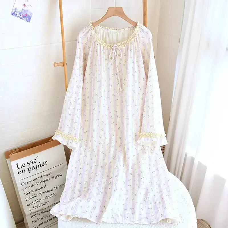 Spring and Summer Long Sleeve Round Neck Lace Sweet Long Dress Women&
