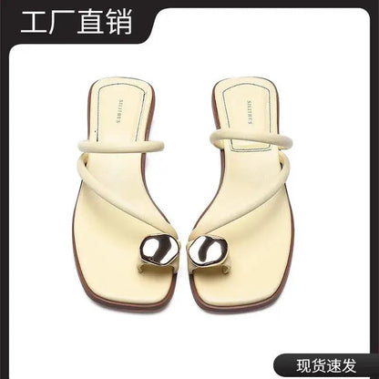 Sun Goddess Thong Slippers for Women Summer Outer Wear 2025 New French Fashion Metal Buckle Fairy Style Sandals by Dropshipman
