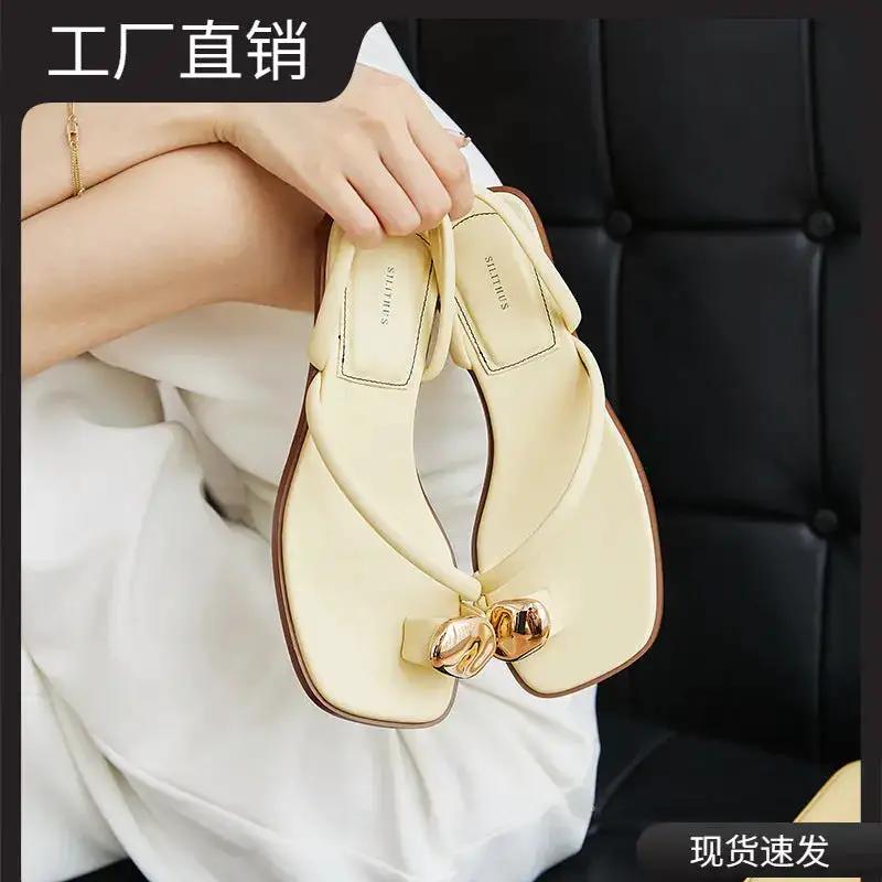 Sun Goddess Thong Slippers for Women Summer Outer Wear 2025 New French Fashion Metal Buckle Fairy Style Sandals by Dropshipman