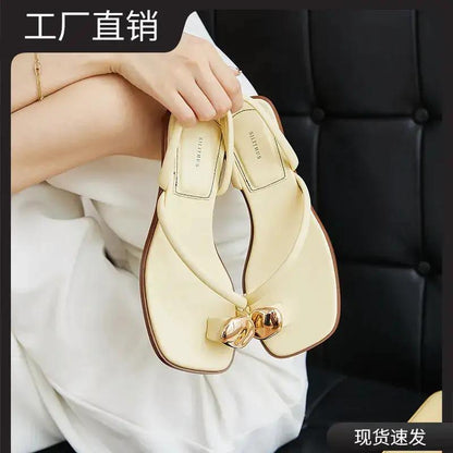 Sun Goddess Thong Slippers for Women Summer Outer Wear 2025 New French Fashion Metal Buckle Fairy Style Sandals by Dropshipman