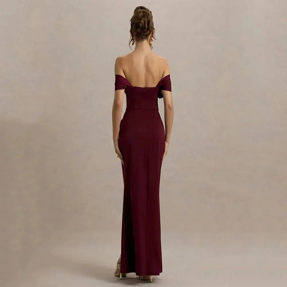 Elegant red evening dress by SHOPEZRA L.L.C., floor-length jersey gown with a one-word collar for prom or party occasions.