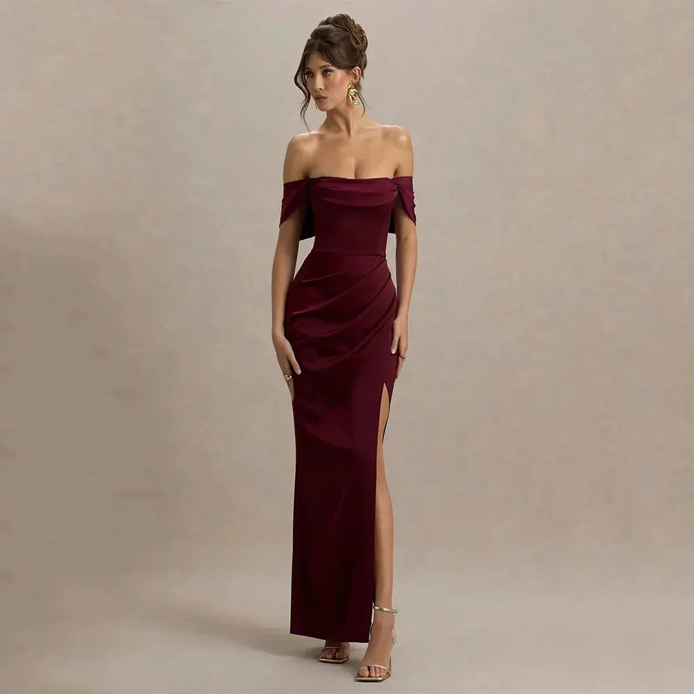 Elegant red evening dress by SHOPEZRA L.L.C. with a floor-length jersey fabric, one-word collar, perfect for prom and formal parties.