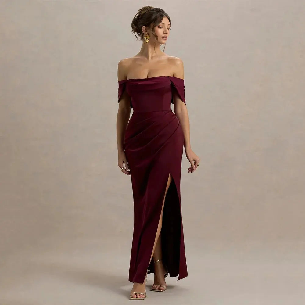 Elegant red evening dress by SHOPEZRA L.L.C. featuring a floor-length jersey design, one-word collar, perfect for prom and parties.