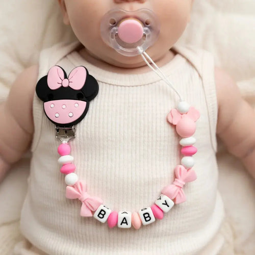 Custom name baby pacifier clip with silicone beads, teether, and dummy holder, featuring Russian and English name embroidery.