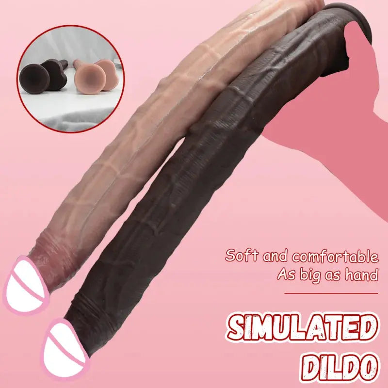 Black 42.5cm realistic long dildo with strong suction cup, made of silicone, designed for vaginal and anal stimulation.