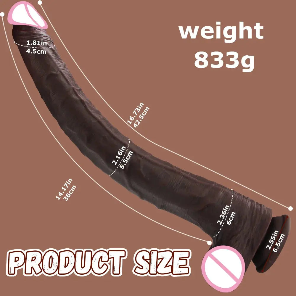 Large 42.5cm black realistic silicone dildo with strong suction cup, designed for vaginal and anal stimulation, by SHOPEZRA L.L.C.