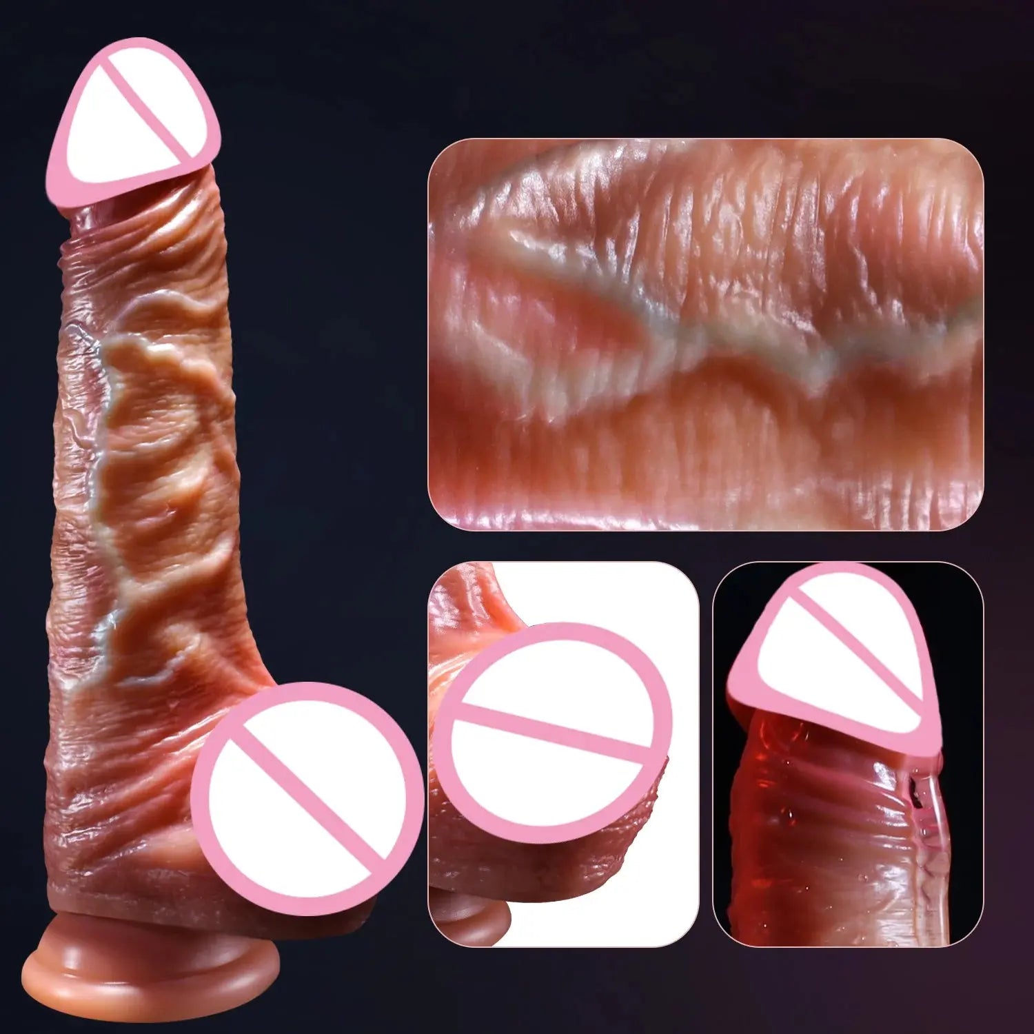 Realistic dildo for female masturbation with skin-like texture, large penis design, foreskin, and anal penetration features, for adult pleasure.