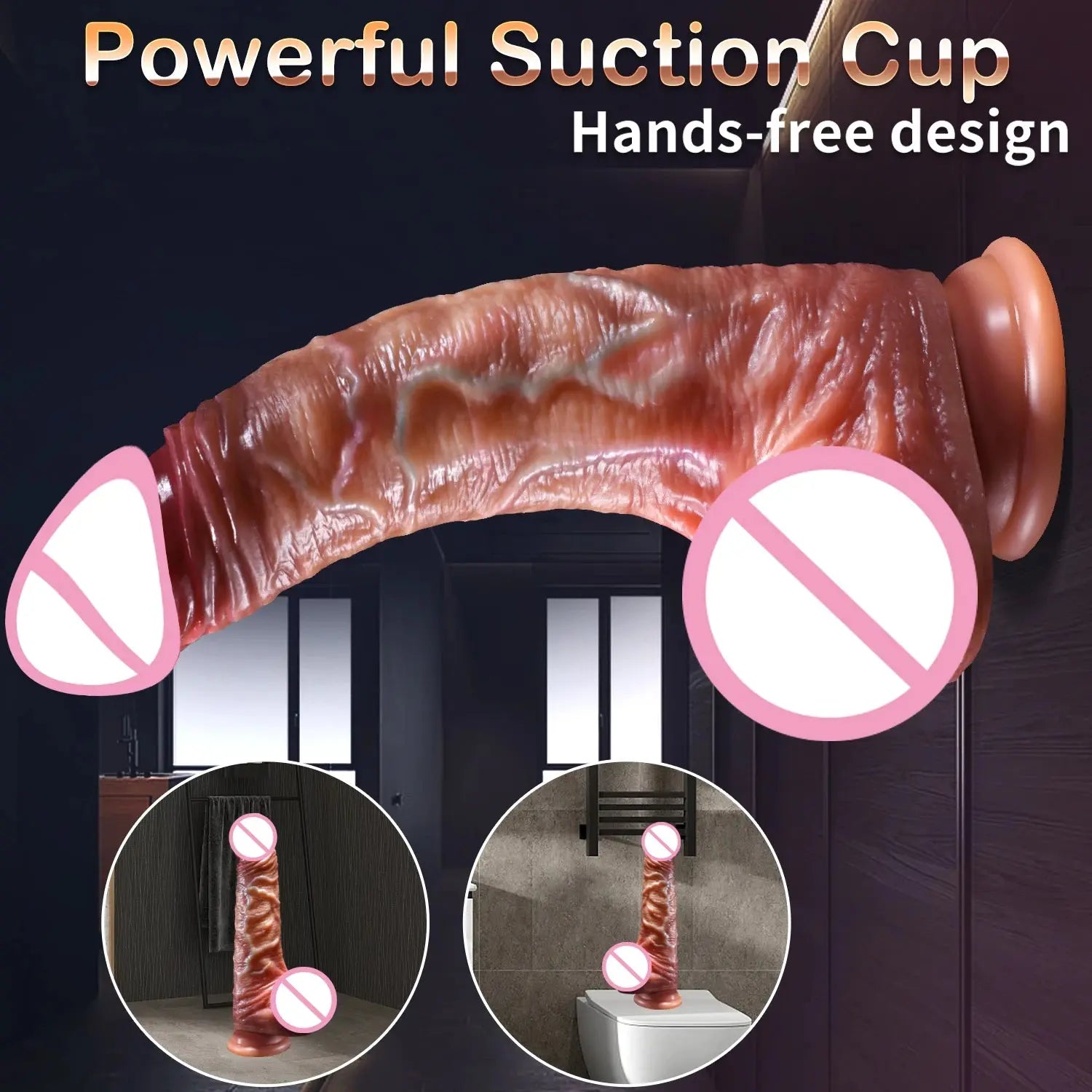 Realistic dildo for female masturbation with skin-like texture, foreskin, and large penis design, suitable for anal and penetration use.