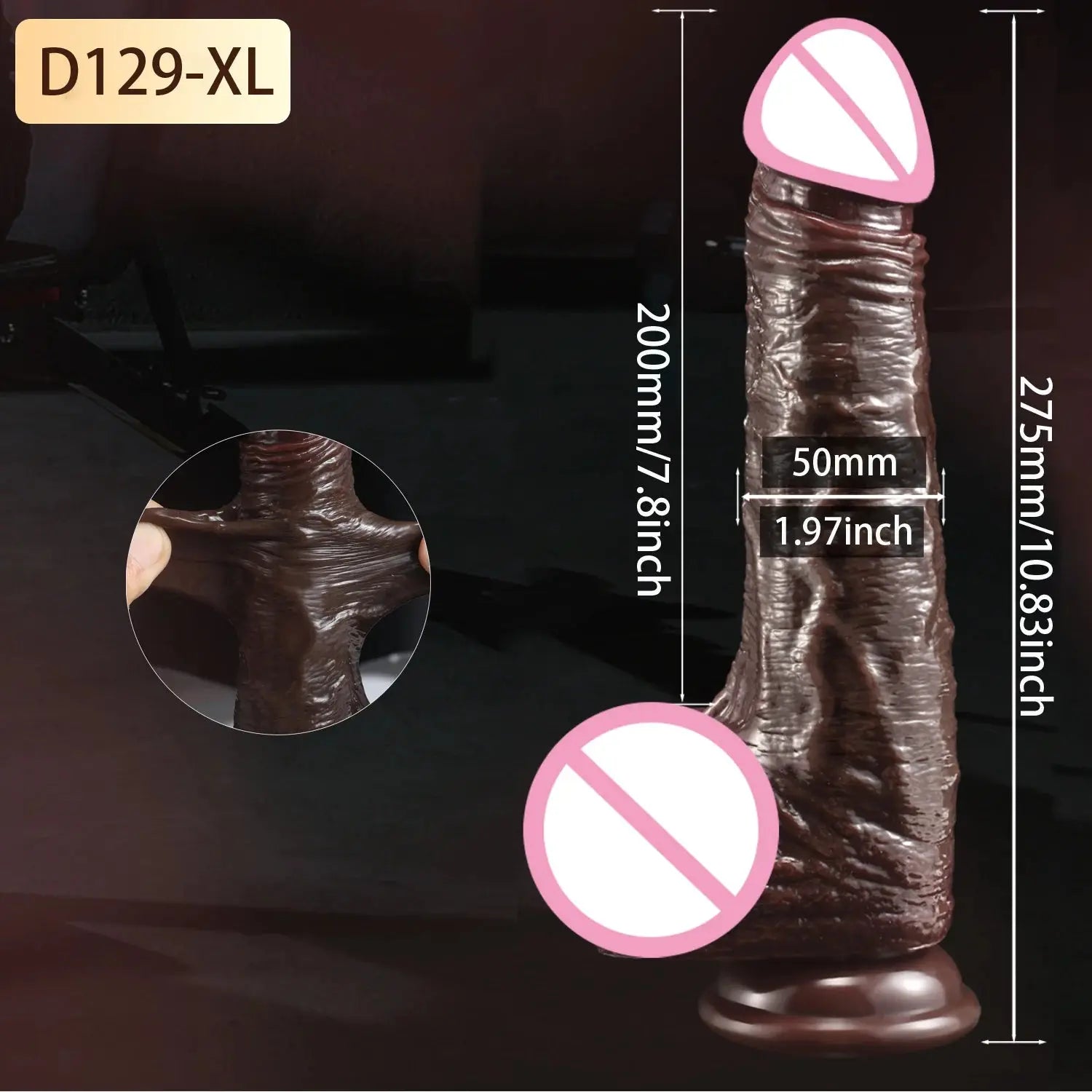 Realistic adult sex toy dildo with skin-like texture, foreskin, and large penis design for female masturbation and anal penetration.