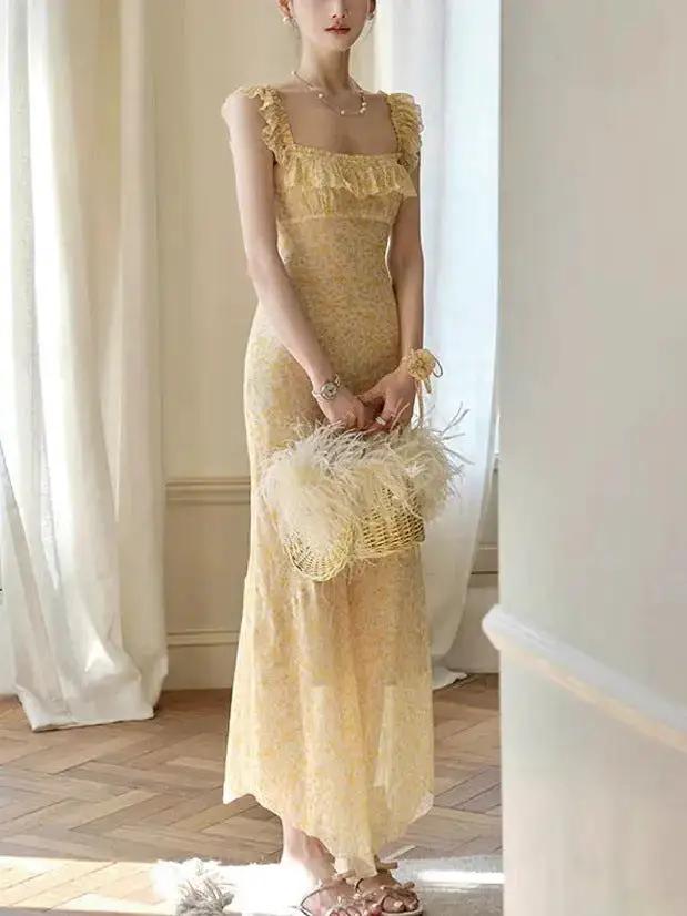 Midsummer Oil Painting Series &amp; High-set Oblique Cut Mid-length French Printed Sling dress by Dropshipman