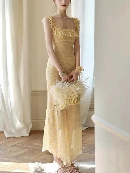 Midsummer Oil Painting Series &amp; High-set Oblique Cut Mid-length French Printed Sling dress by Dropshipman