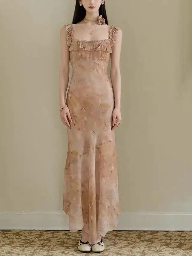 Midsummer Oil Painting Series &amp; High-set Oblique Cut Mid-length French Printed Sling dress by Dropshipman