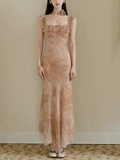 Midsummer Oil Painting Series &amp; High-set Oblique Cut Mid-length French Printed Sling dress by Dropshipman