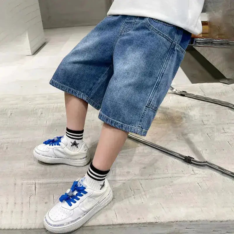 Boys summer denim shorts from SHOPEZRA L.L.C., casual knee-length loose fit trousers for ages 3-12, outdoor five-point style.