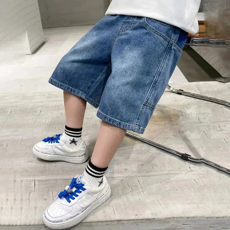 Dark blue boys' summer denim shorts by SHOPEZRA L.L.C., casual knee-length, loose fit, lightweight denim for ages 3-12.