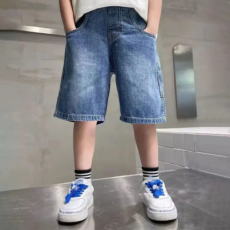 Dark blue boys' denim shorts by SHOPEZRA L.L.C., casual knee-length denim trousers for ages 3-12, outdoor-friendly and loose fit.