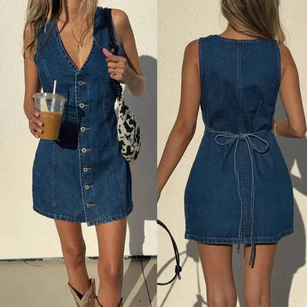 Denim Dress Women Mid Length Dresses Vest Vestidos Y2k Streetwear Elegant Splice Party Night Work V Neck Sleeveless Tight Waist by Dropshipman
