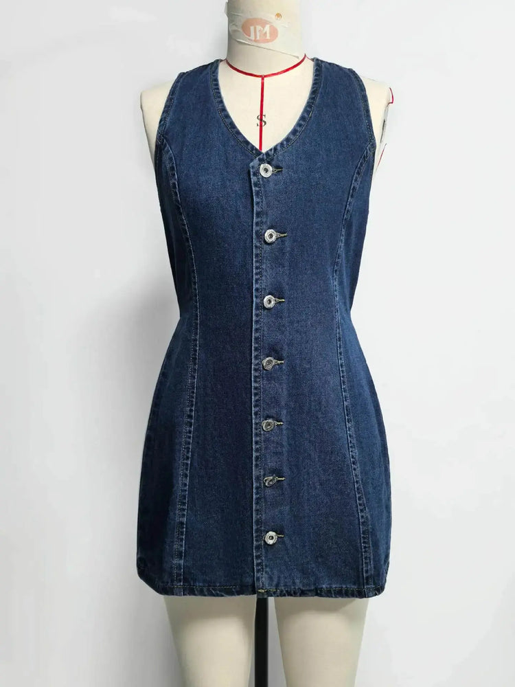 Denim Dress Women Mid Length Dresses Vest Vestidos Y2k Streetwear Elegant Splice Party Night Work V Neck Sleeveless Tight Waist SHOPEZRA L.L.C.
