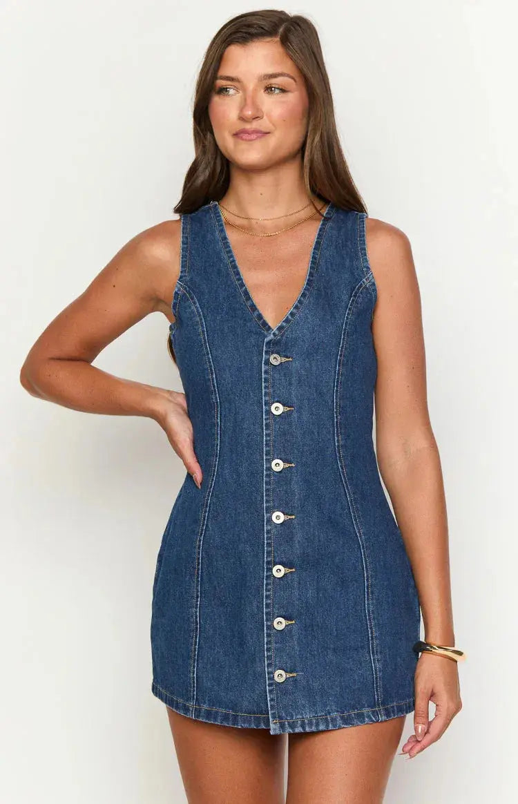 Denim Dress Women Mid Length Dresses Vest Vestidos Y2k Streetwear Elegant Splice Party Night Work V Neck Sleeveless Tight Waist SHOPEZRA L.L.C.