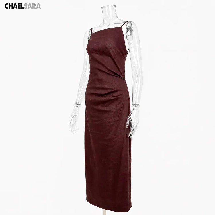 High Quality 2026 Summer New Women Fashion Linen Strap Midi Holiday Dress Casual Solid Zipper Slim Elegance Party Dresses Ladies SHOPEZRA L.L.C.
