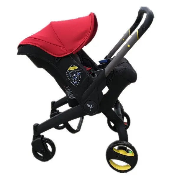 4-in-1 baby cradle stroller in black and red, featuring adjustable canopy and durable wheels.