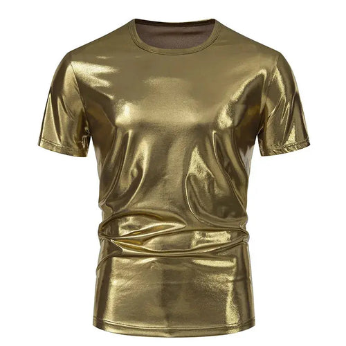 Dark gray men's hip hop T-shirt with short sleeves, O-neck, loose fit, shiny surface, featuring gold, silver, red, and green punk streetwear style.