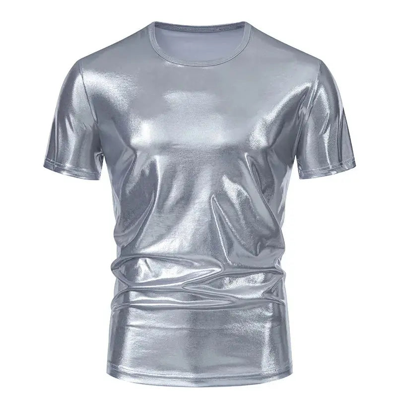 Dark gray men's Hip Hop T-shirt by SHOPEZRA L.L.C., short sleeve, O-neck, loose fit, shiny surface in gold, silver, red, and green.