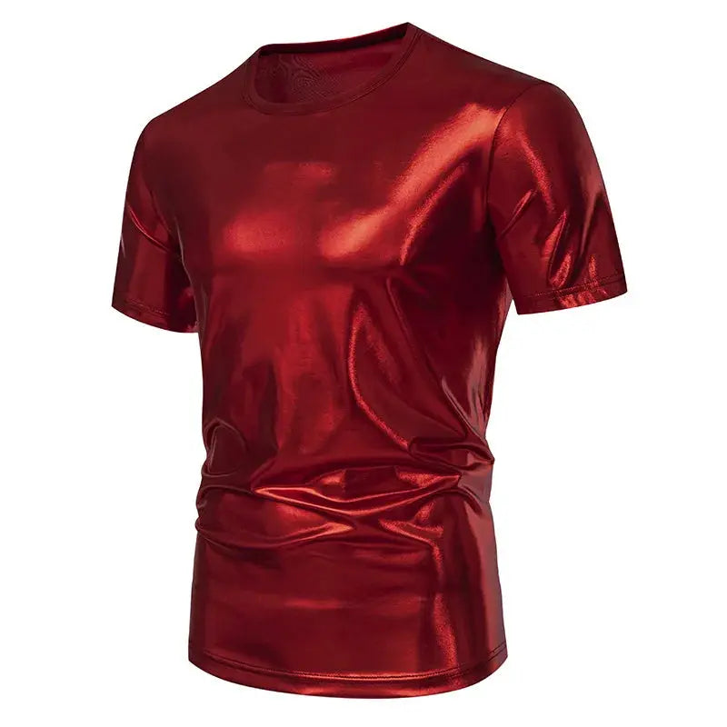 Dark gray men's hip hop T-shirt by SHOPEZRA L.L.C., short sleeve, loose fit, shiny surface, with vibrant red, green, gold, and silver accents.