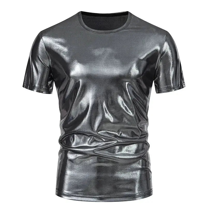 Dark gray hip hop T-shirt for men, short sleeve, O-neck, loose fit, shiny surface, featuring gold, silver, red, and green punk streetwear style.
