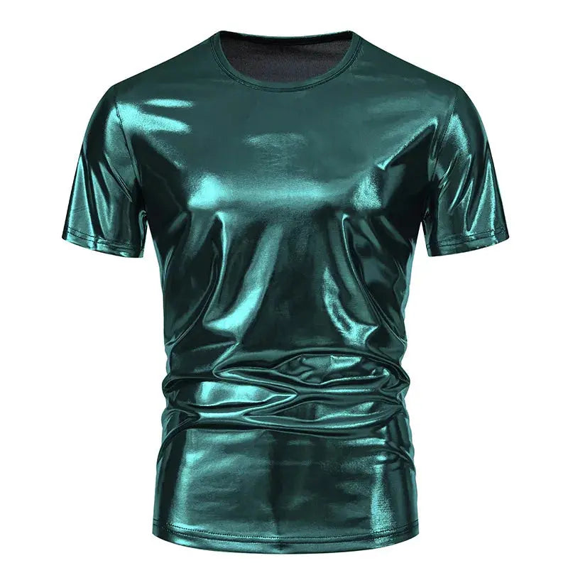 Dark gray men's Hip Hop T-shirt by SHOPEZRA L.L.C., short sleeve, loose fit, shiny surface with gold, silver, red, and green accents.