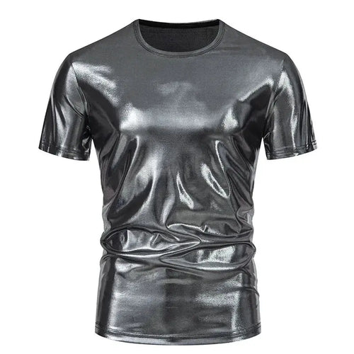 Dark gray men's Hip Hop T-shirt by SHOPEZRA L.L.C., short sleeve, loose fit, shiny surface, in gold, silver, red, and green punk streetwear style.