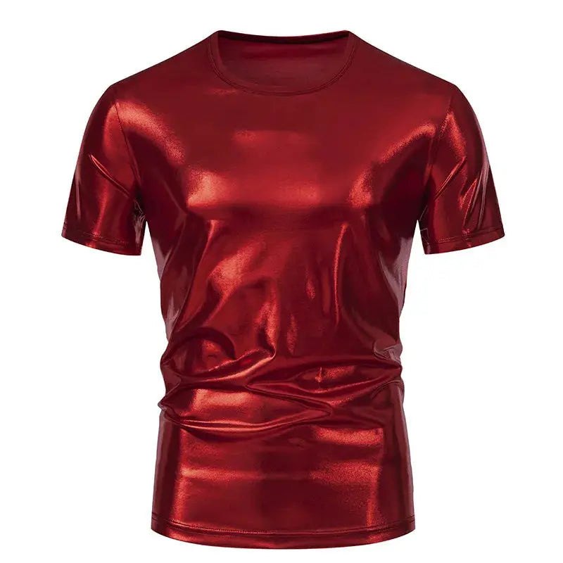 Dark gray men's hip hop T-shirt with short sleeves, O-neck, loose fit, shiny surface, in gold, silver, red, and green punk streetwear style.