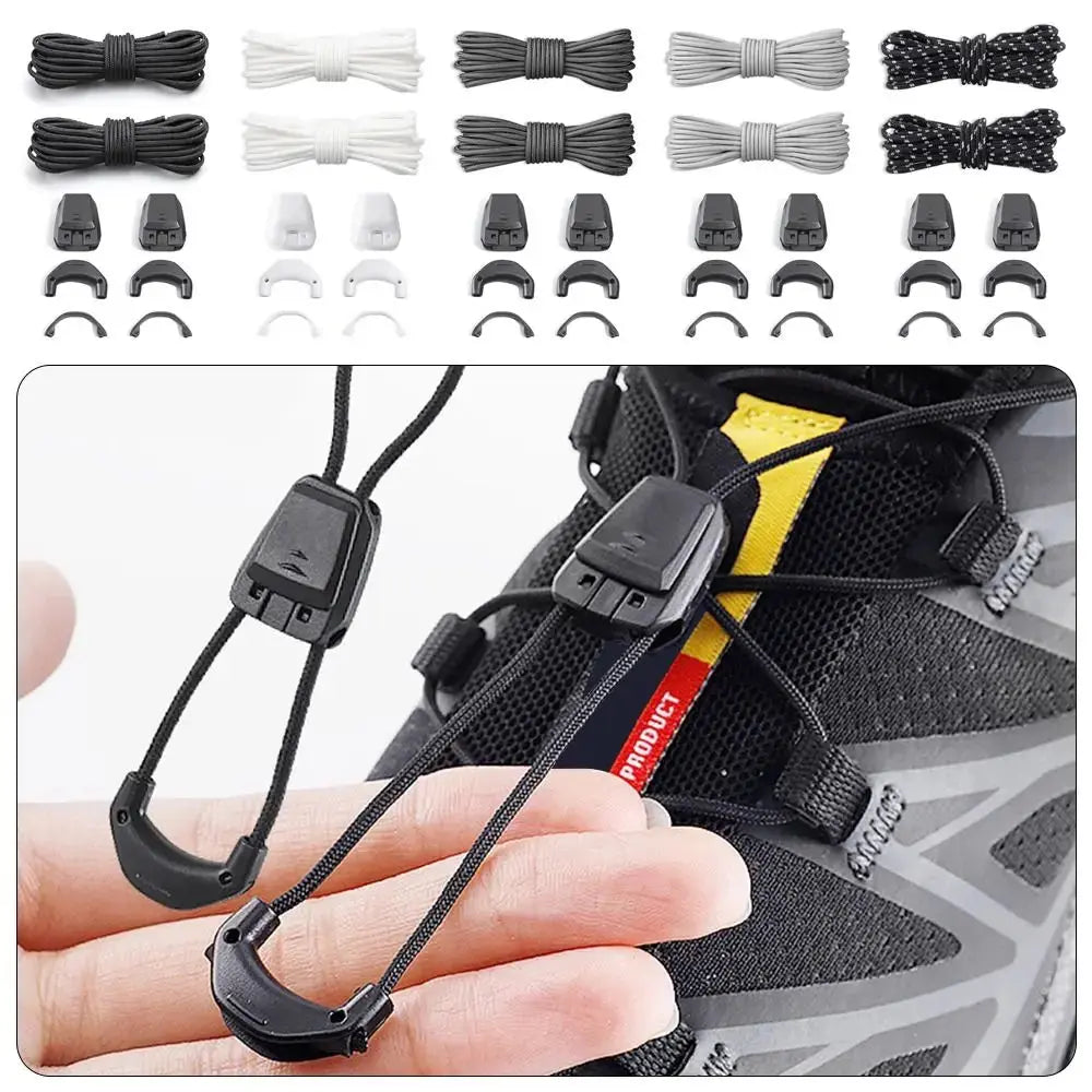 Pair of dark grey quick lace no-tie shoelaces for Salomon running sneakers, round design, 120cm, easy to slip on and off.