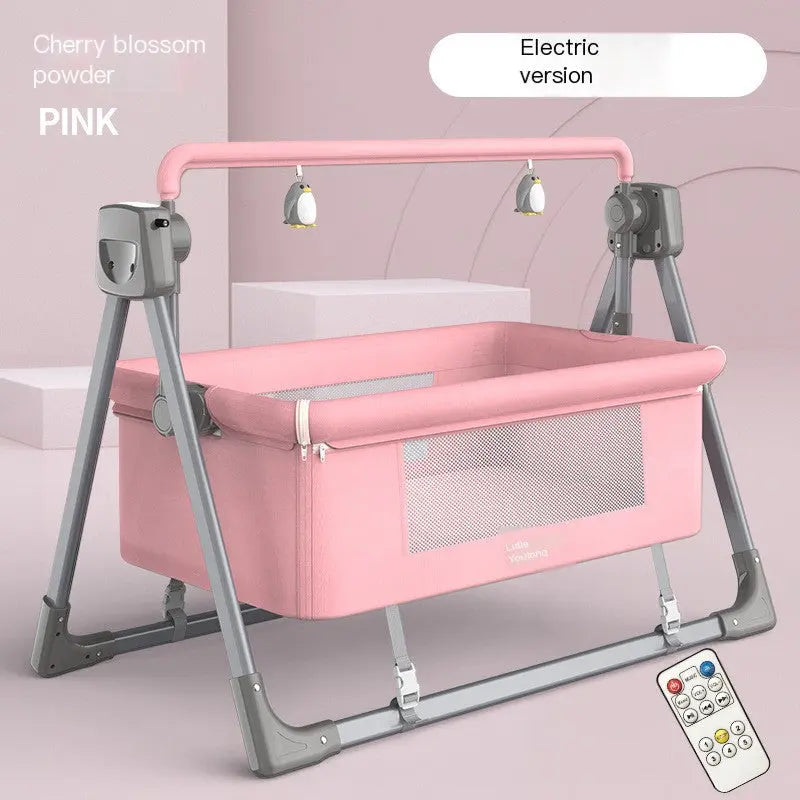 Intelligent electric cradle for infants in cherry blossom pink with remote control and soft fabric.