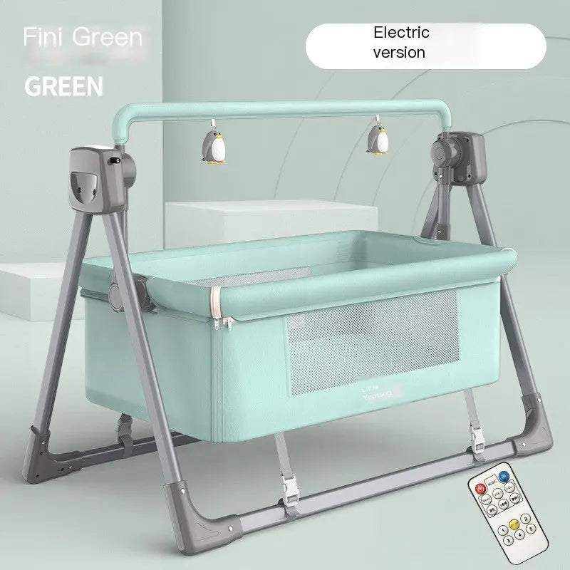 Intelligent electric cradle for infants with remote control and safety features in green color.