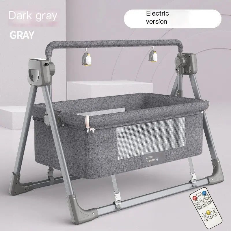 Intelligent electric cradle for infants in dark gray with remote control and adjustable features.