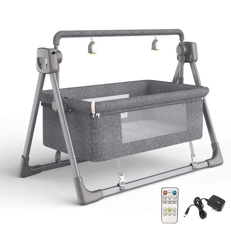 Intelligent electric cradle for infants in dark grey color with remote control and safety features for peaceful sleep.