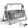 Intelligent electric cradle for infants in dark grey color with remote control and safety features for peaceful sleep.