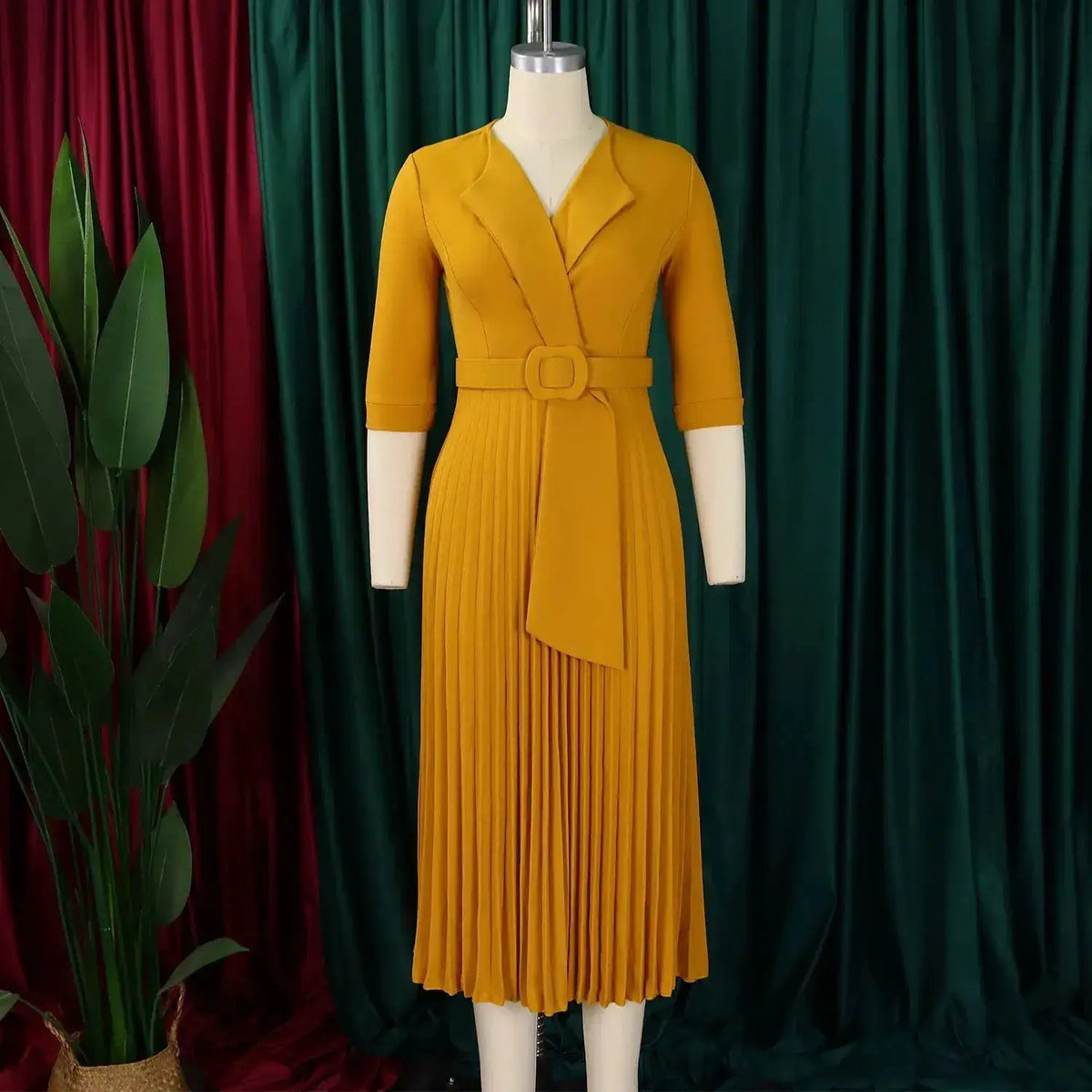Elegant Office Ladies Dresses 2024 Autumn Fall Notched Collar Half Sleeve Belt Waisted Mid Calf Female Birthday Party Dress Midi by Dropshipman