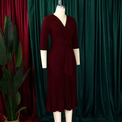 Elegant Office Ladies Dresses 2024 Autumn Fall Notched Collar Half Sleeve Belt Waisted Mid Calf Female Birthday Party Dress Midi by Dropshipman