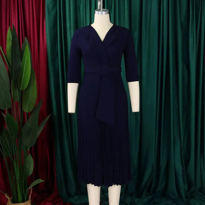 Elegant Office Ladies Dresses 2024 Autumn Fall Notched Collar Half Sleeve Belt Waisted Mid Calf Female Birthday Party Dress Midi by Dropshipman