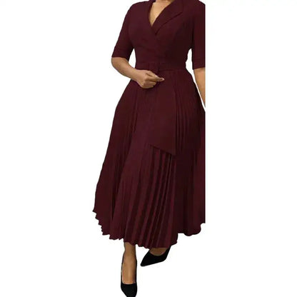 Elegant Office Ladies Dresses 2024 Autumn Fall Notched Collar Half Sleeve Belt Waisted Mid Calf Female Birthday Party Dress Midi by Dropshipman