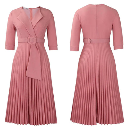 Elegant Office Ladies Dresses 2024 Autumn Fall Notched Collar Half Sleeve Belt Waisted Mid Calf Female Birthday Party Dress Midi by Dropshipman