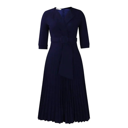 Elegant Office Ladies Dresses 2024 Autumn Fall Notched Collar Half Sleeve Belt Waisted Mid Calf Female Birthday Party Dress Midi by Dropshipman