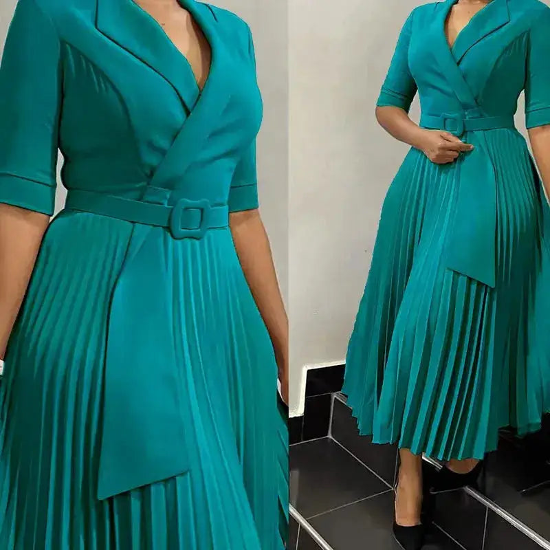 Elegant Office Ladies Dresses 2024 Autumn Fall Notched Collar Half Sleeve Belt Waisted Mid Calf Female Birthday Party Dress Midi by Dropshipman