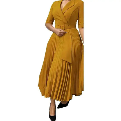 Elegant Office Ladies Dresses 2024 Autumn Fall Notched Collar Half Sleeve Belt Waisted Mid Calf Female Birthday Party Dress Midi by Dropshipman