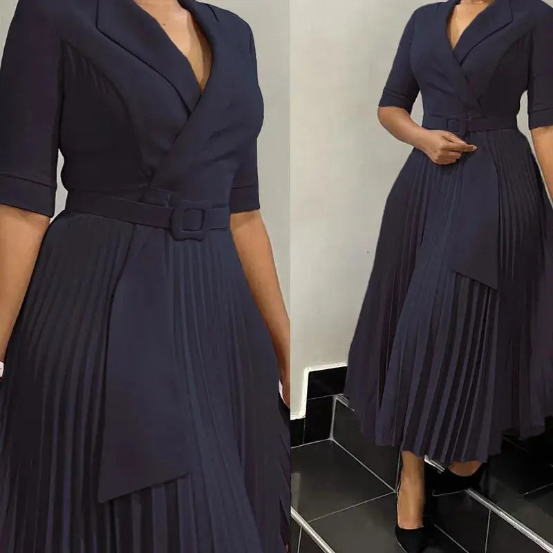Elegant women's office dress with notched collar, half sleeves, belt waist, and midi length in autumn fall style.