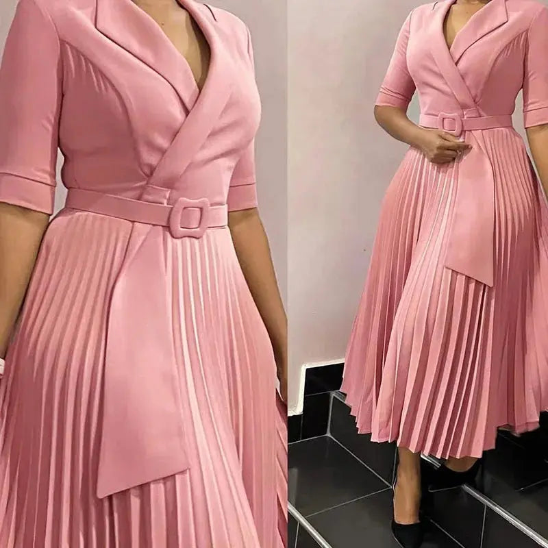 Elegant office dress for women featuring a notched collar, half sleeves, belt, and midi length in fall 2024 autumn fashion.