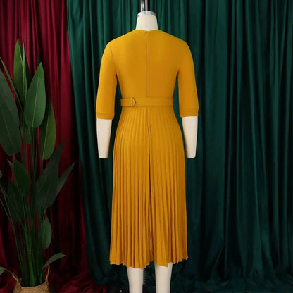 Elegant Office Ladies Dresses 2024 Autumn Fall Notched Collar Half Sleeve Belt Waisted Mid Calf Female Birthday Party Dress Midi by Dropshipman